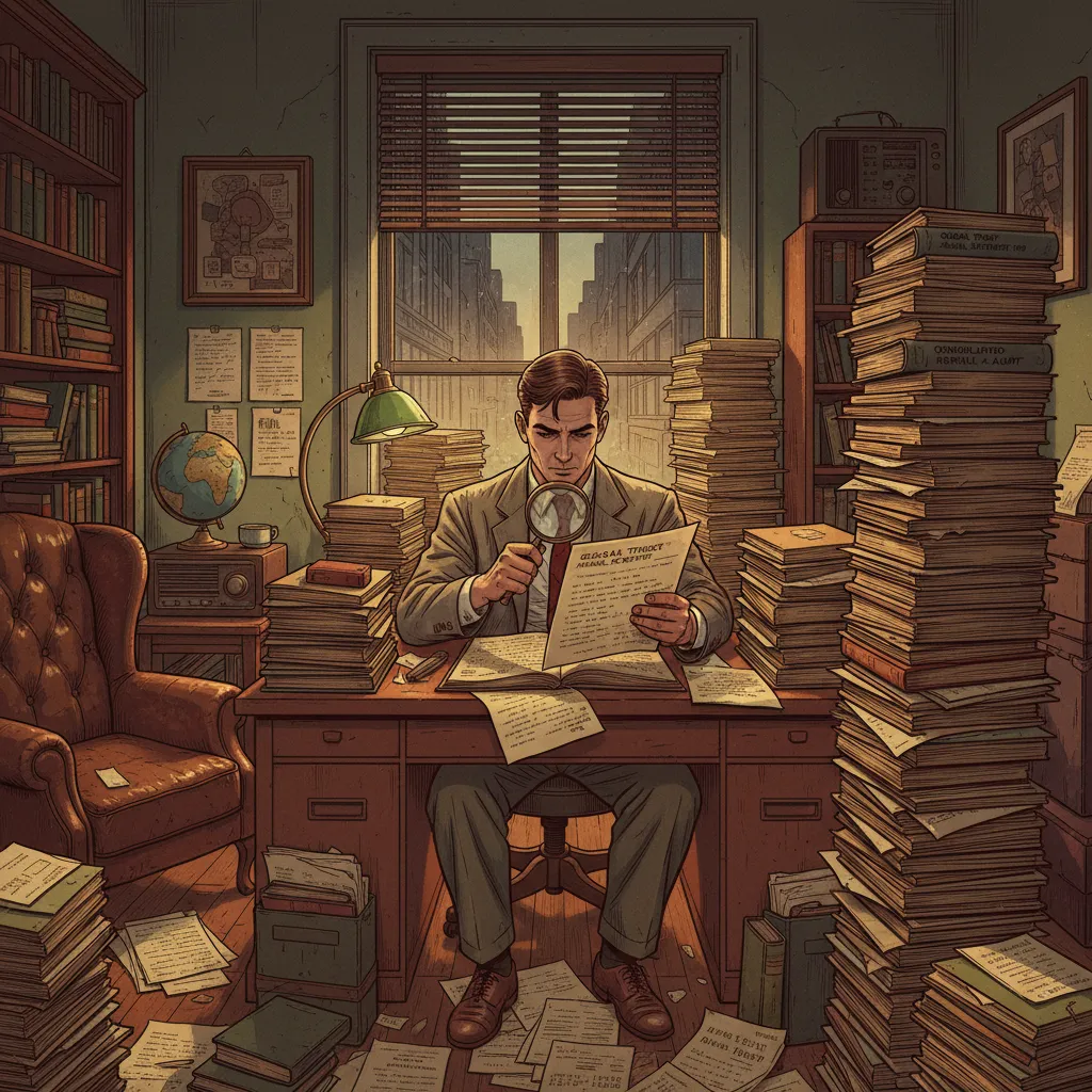 A young Warren Buffett studying financial statements at a desk covered in annual reports