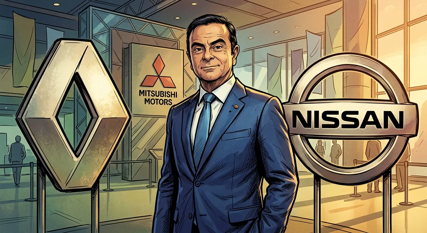 Carlos Ghosn stands confidently between a Renault and a Nissan logo, a smaller Mitsubishi logo appearing behind him, symbolizing the expanding auto alliance.