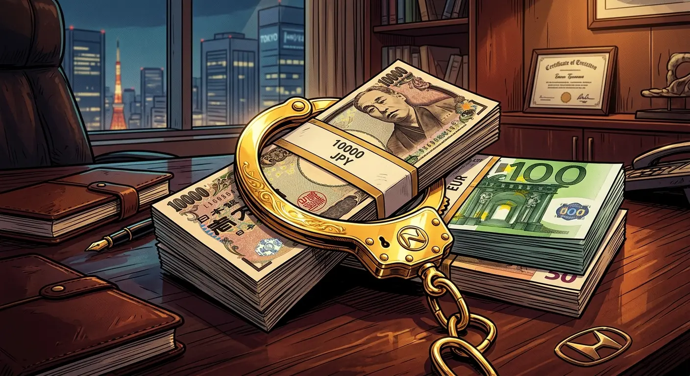 A stylized image showing a golden handcuff attached to a stack of yen and euro banknotes, with a small car logo subtly visible.