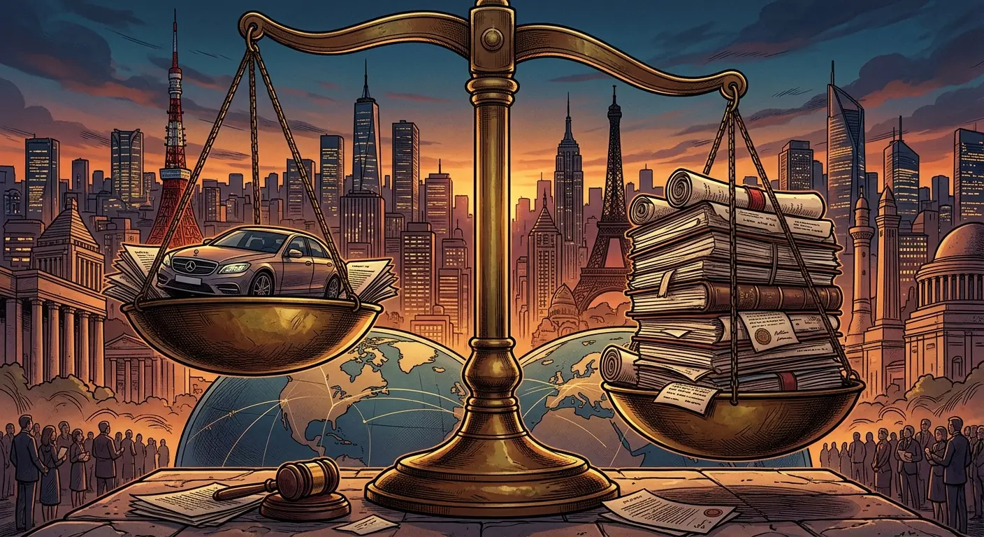 A stylized legal scale with one pan holding a tiny car and the other a stack of legal documents, set against a backdrop of global city skylines, symbolizing international legal battles.