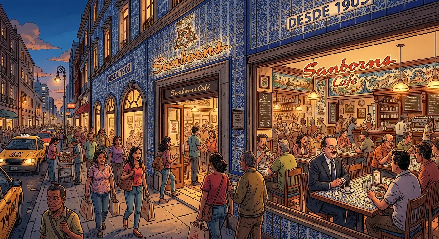A vibrant image of a bustling Sanborns department store in Mexico City, showcasing its distinct blue-tiled exterior and interior cafe