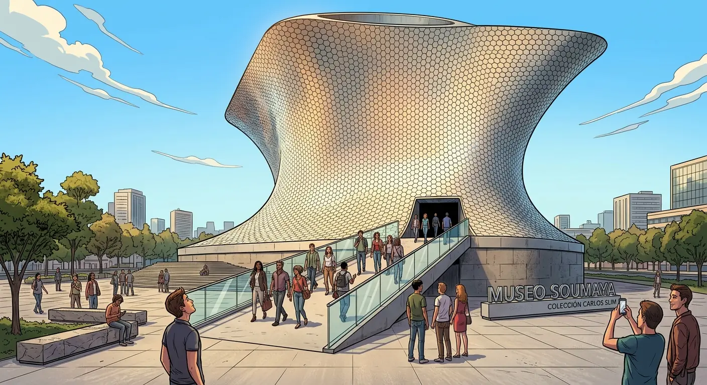 An exterior shot of the striking, modern architecture of the Museo Soumaya in Mexico City, with visitors entering the building