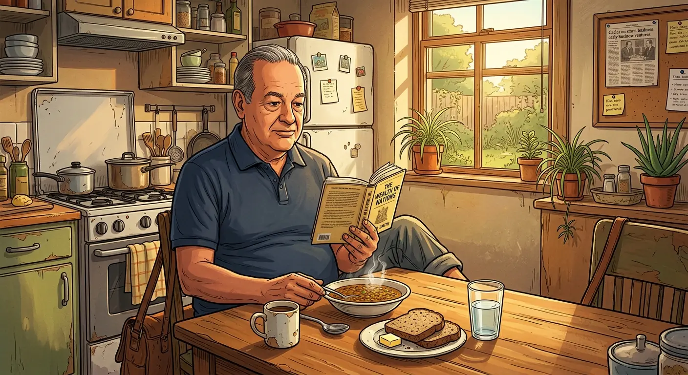Carlos Slim in a casual setting, perhaps reading a book or enjoying a simple meal, reflecting his famously frugal lifestyle