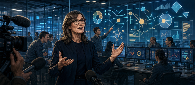 Cathie Wood turning open research visible trades and communication into marketing