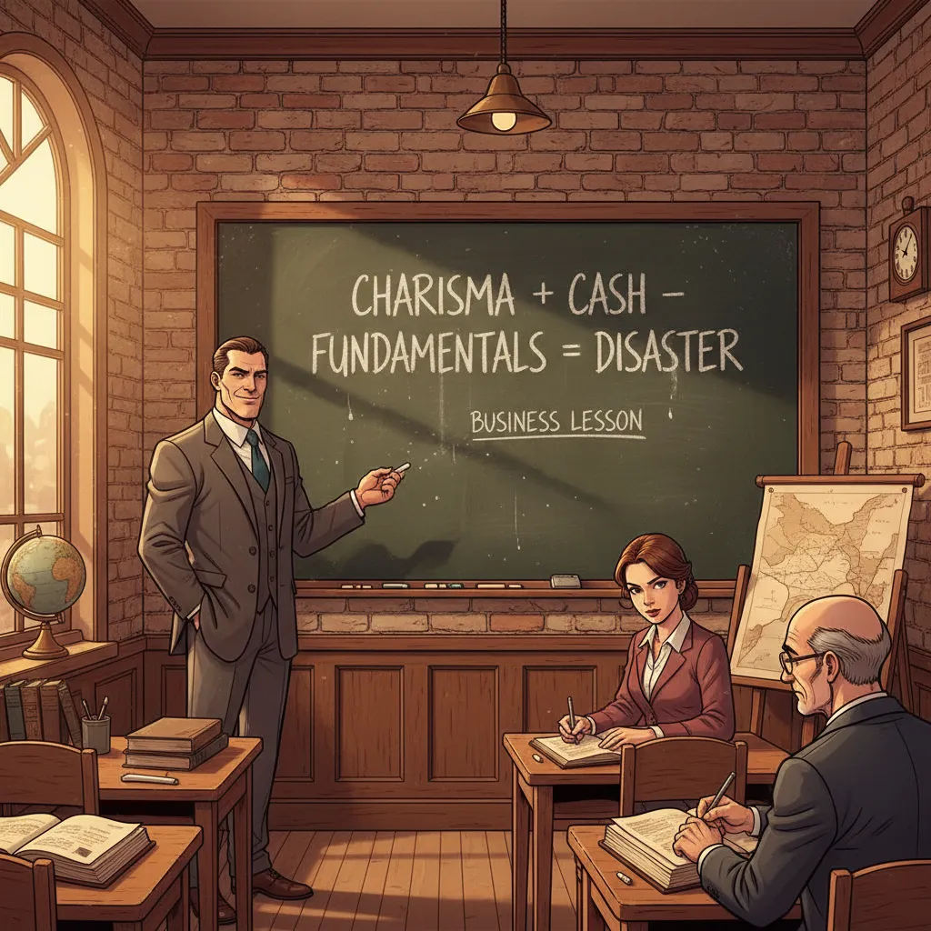 A chalkboard with financial equations crossed out and replaced with "Does it make money?"