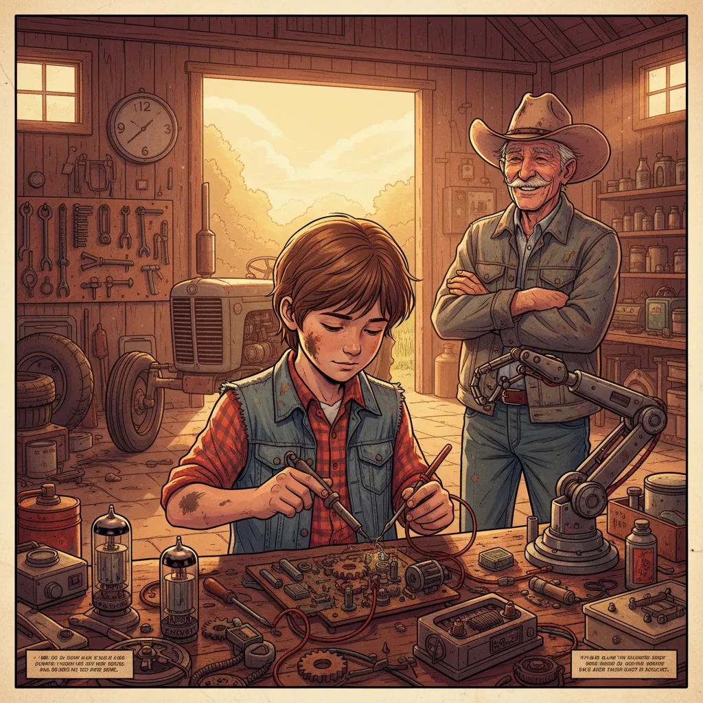 A young boy tinkering with electronics in a suburban garage in 1970s Albuquerque