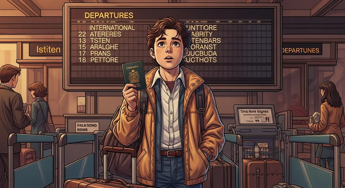 A determined young man holding a Canadian passport at an airport, ready to leave South Africa behind