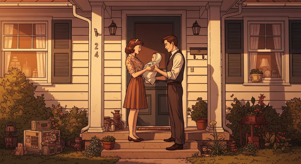 A young couple carrying a baby outside a modest California home in the 1950s