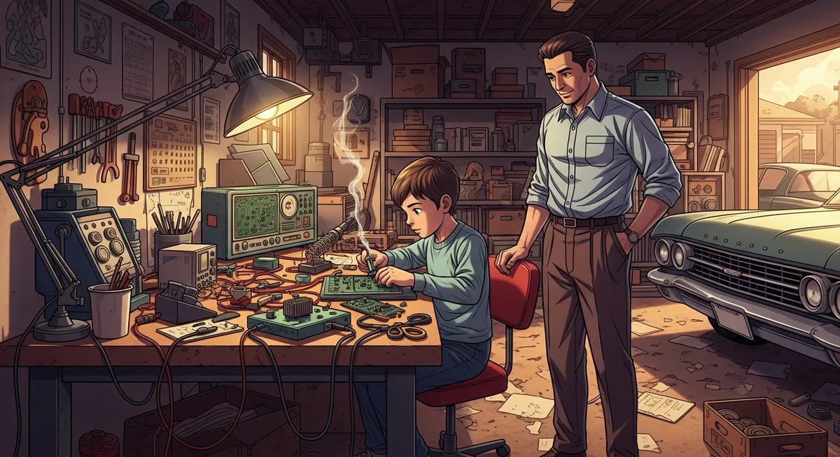 A father and son building a wooden fence together in a 1960s California backyard