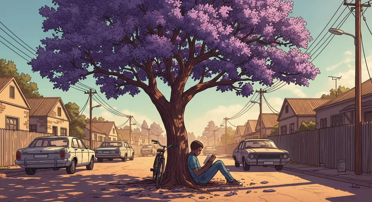 Young boy reading alone under jacaranda trees in 1970s Pretoria, South Africa