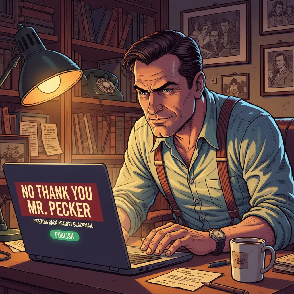 A blog post titled 'No thank you, Mr. Pecker' on a computer screen — Bezos exposes the blackmail