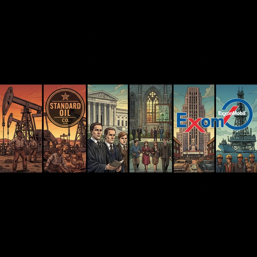 Split image: an oil refinery belching smoke on one side, a gleaming university campus on the other