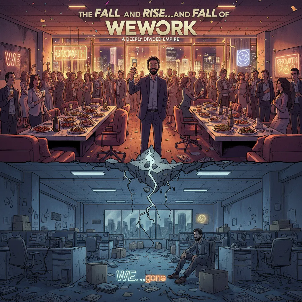 A movie clapperboard in front of a WeWork office set — the story that became entertainment