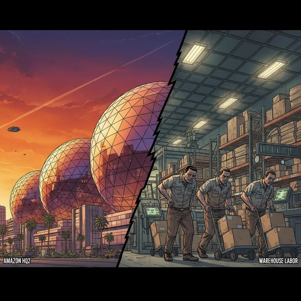 Amazon warehouse workers in orange vests walking through a vast, mechanized fulfillment center