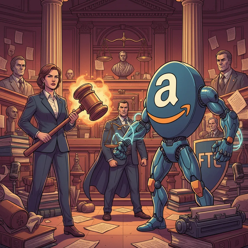 A massive Amazon warehouse dwarfing a row of small local shops — the antitrust debate visualized