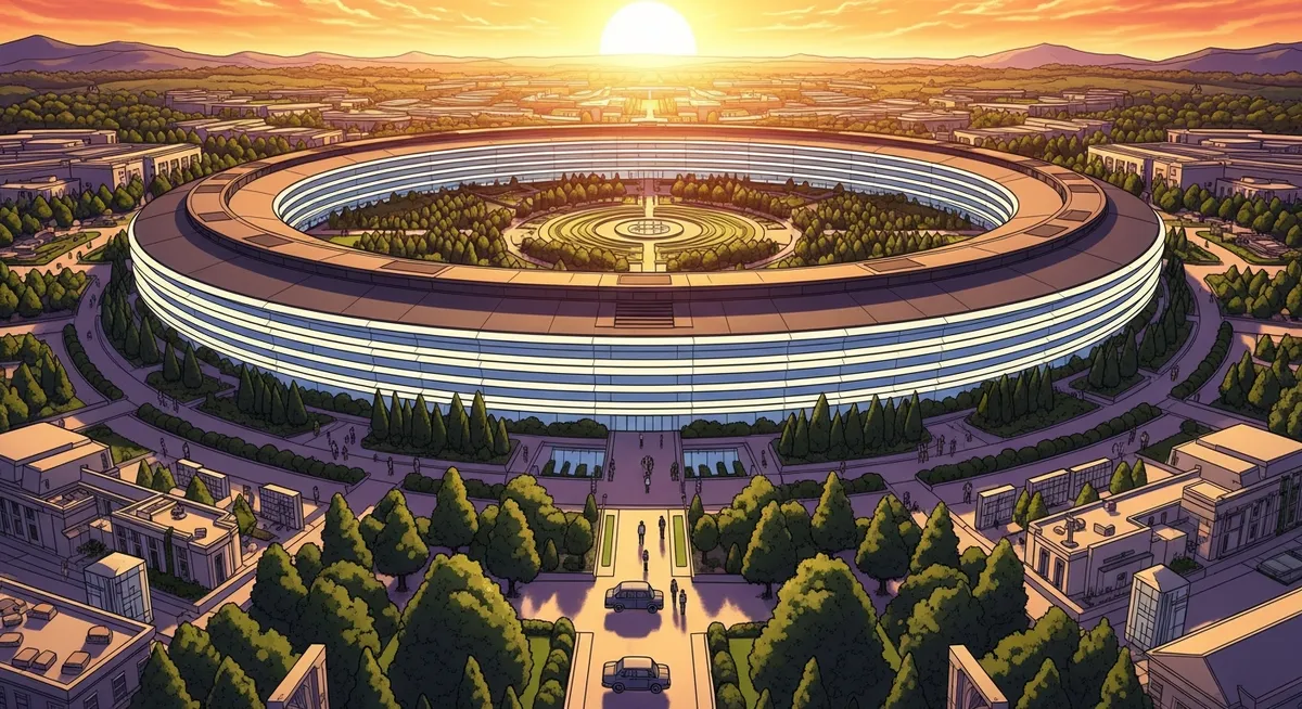 Apple Park at sunset with a single light on in the executive suite