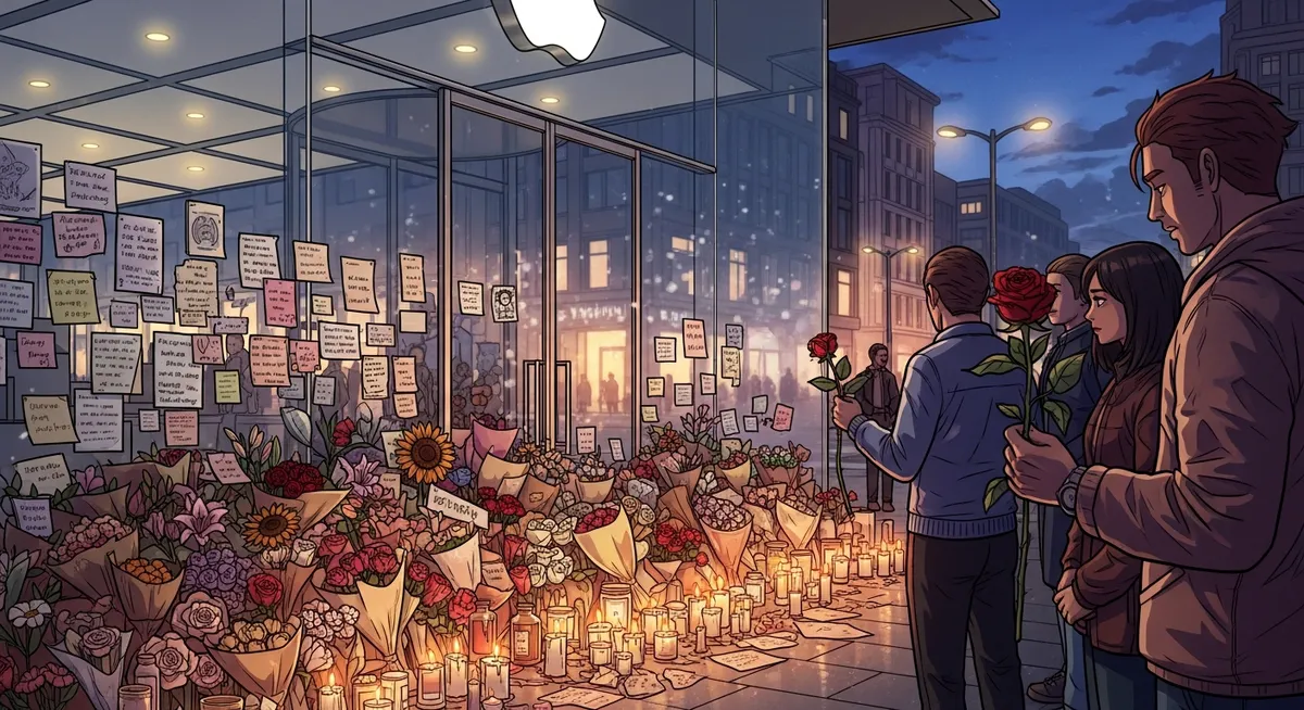 Flowers and candles left outside an Apple Store in tribute after Jobs's death