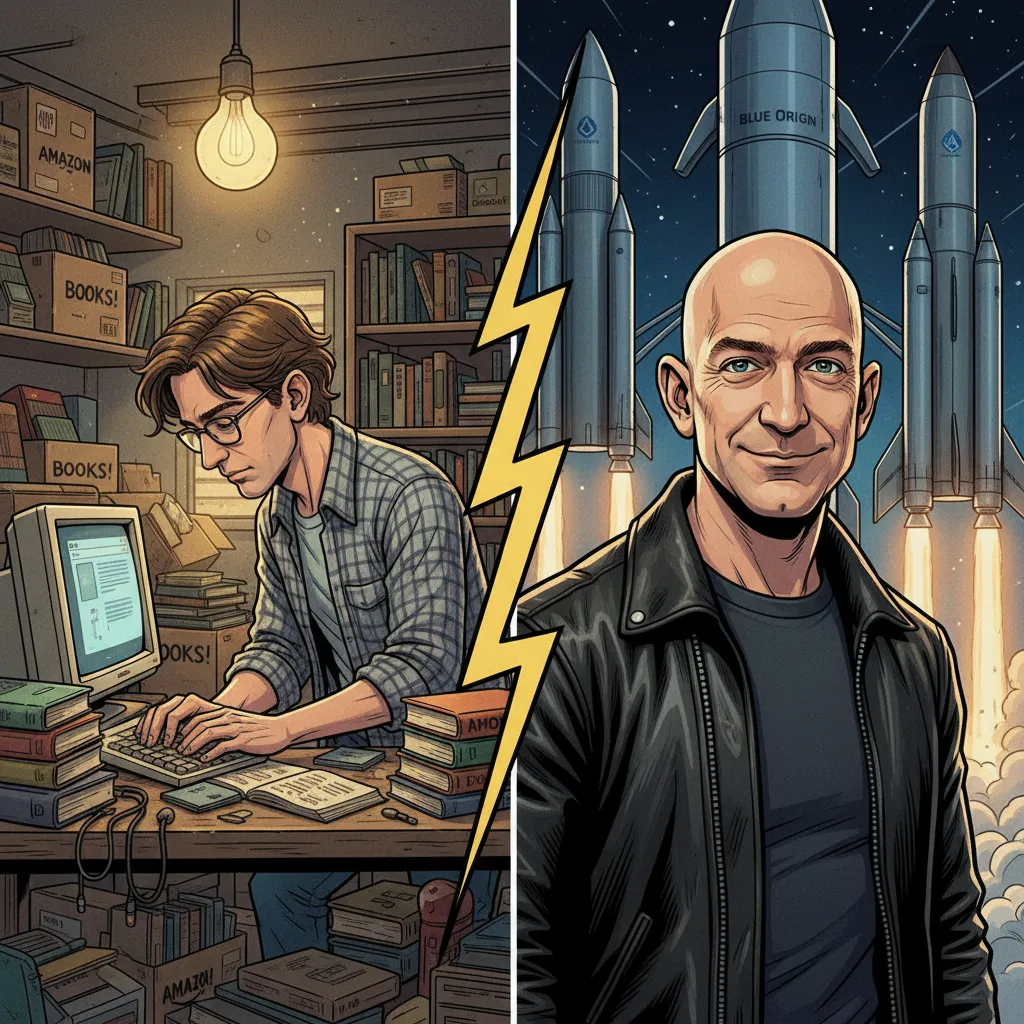 A split image — the garage where Amazon started on one side, the massive Amazon headquarters on the other