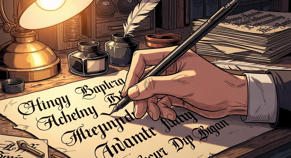 Elegant calligraphy specimens and typography samples spread across a desk