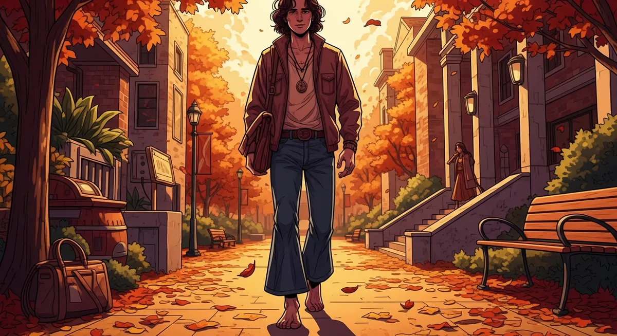 A long-haired young man walking barefoot across a liberal arts college campus in the 1970s