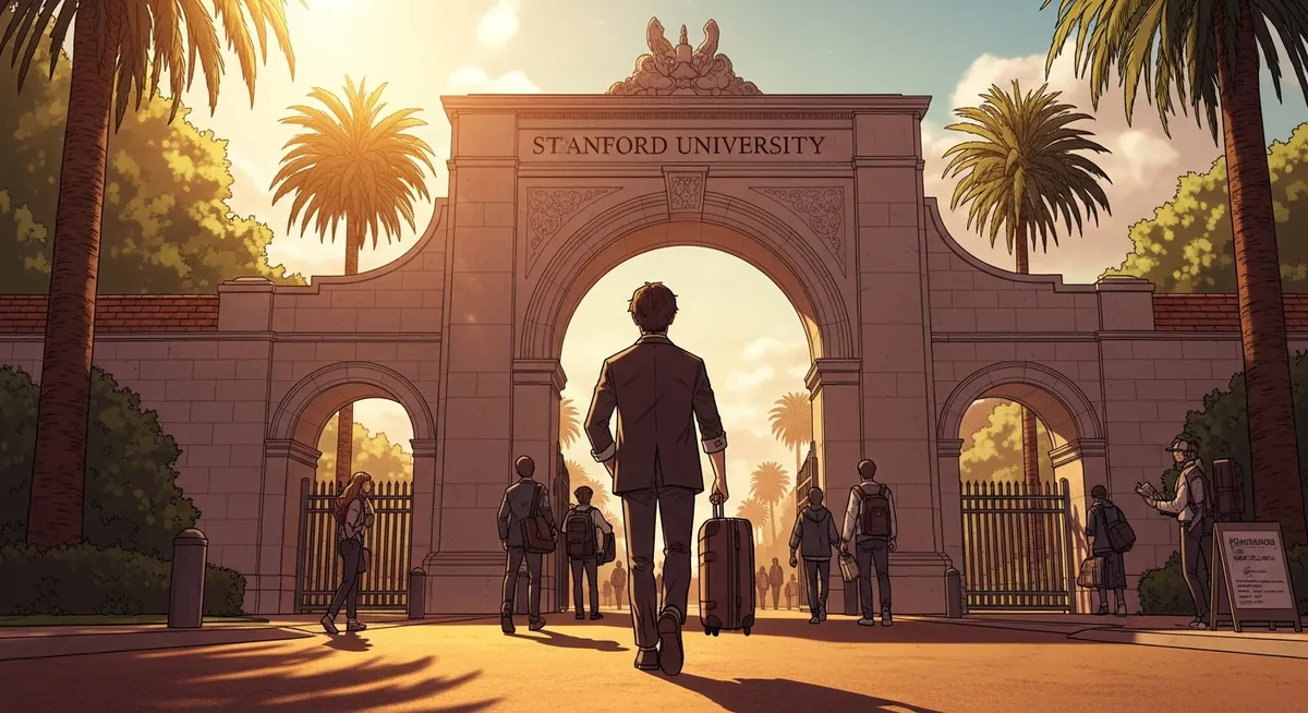A young man walking away from Stanford's campus with a single suitcase — two days was enough