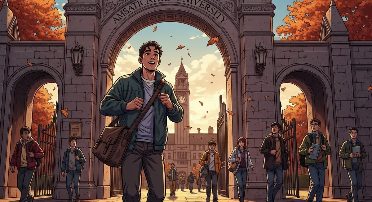 Young ambitious man arriving at an American university campus in the 1990s