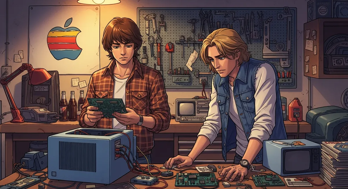 Two young men building a computer in a suburban California garage in the 1970s