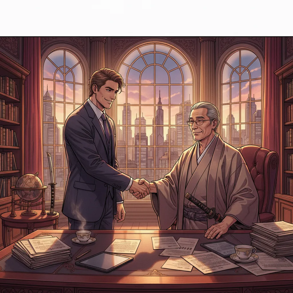 A dramatic boardroom meeting between two visionary moguls making a billion-dollar deal