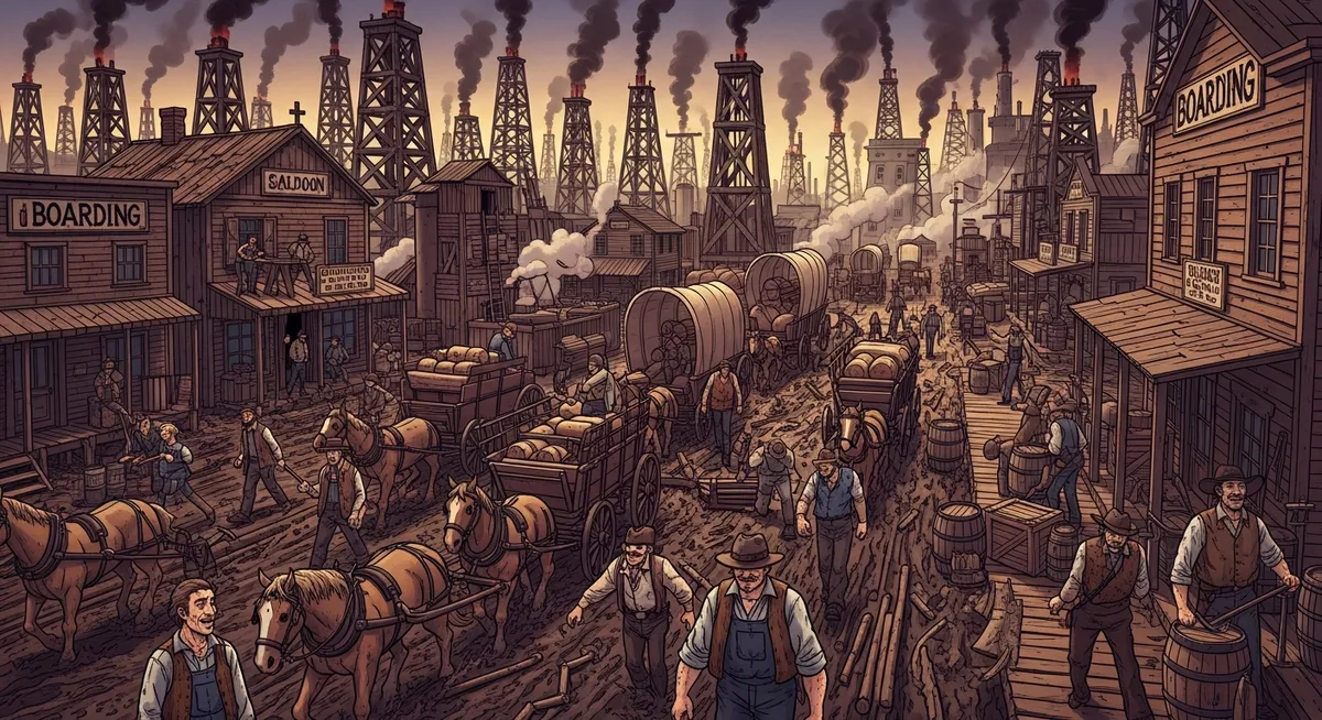 Chaotic oil derricks in 1860s Pennsylvania with mud, fire, and fortune seekers
