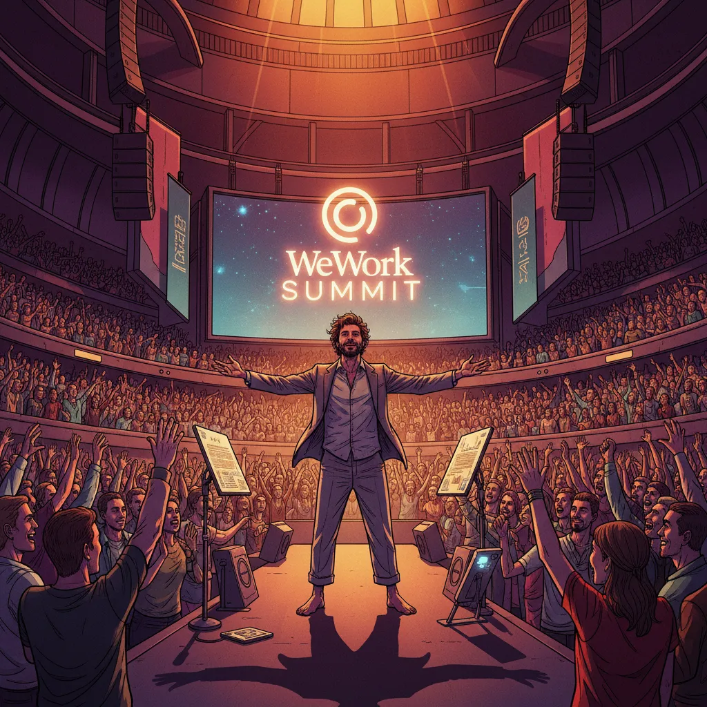 Adam Neumann on stage at a massive WeWork summit with thousands of cheering employees