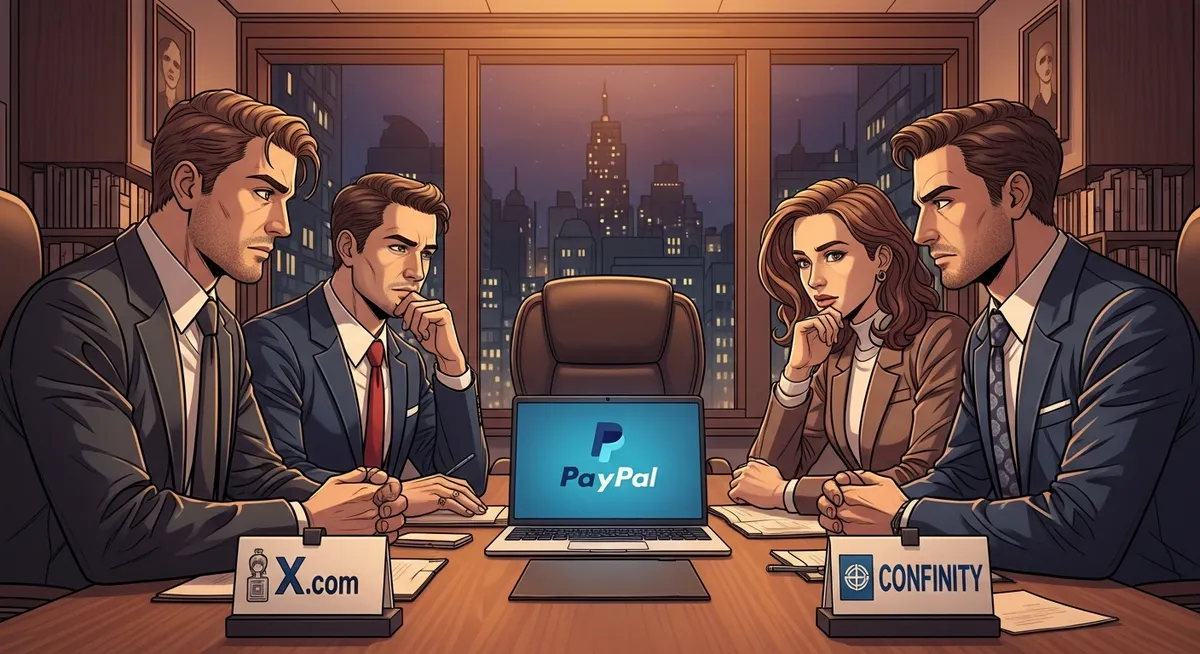 The X.com and Confinity merger — two teams facing off across a boardroom table