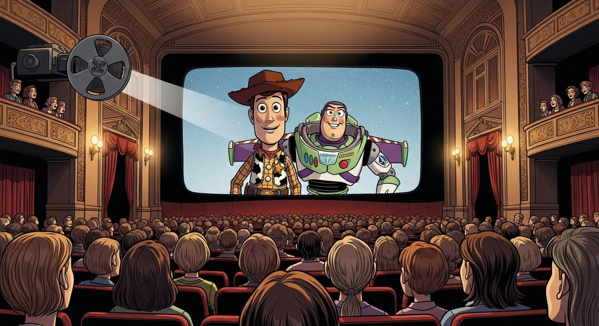 Toy Story characters Woody and Buzz Lightyear on a movie poster with packed theater in the background
