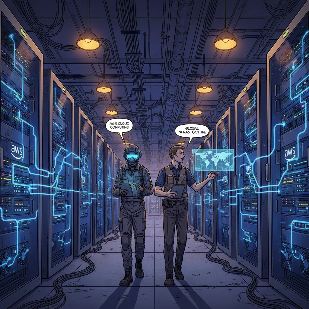 Server racks stretching to infinity inside an Amazon Web Services data center