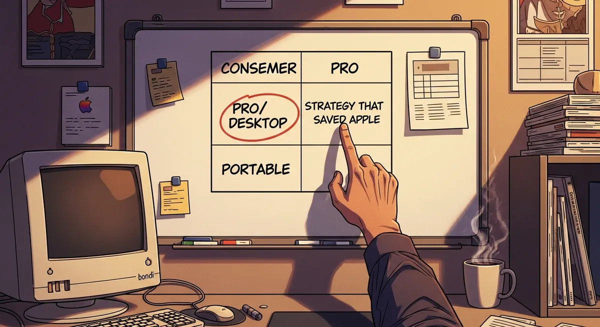 A simple 2x2 grid drawn on a whiteboard — Jobs's product strategy that saved Apple