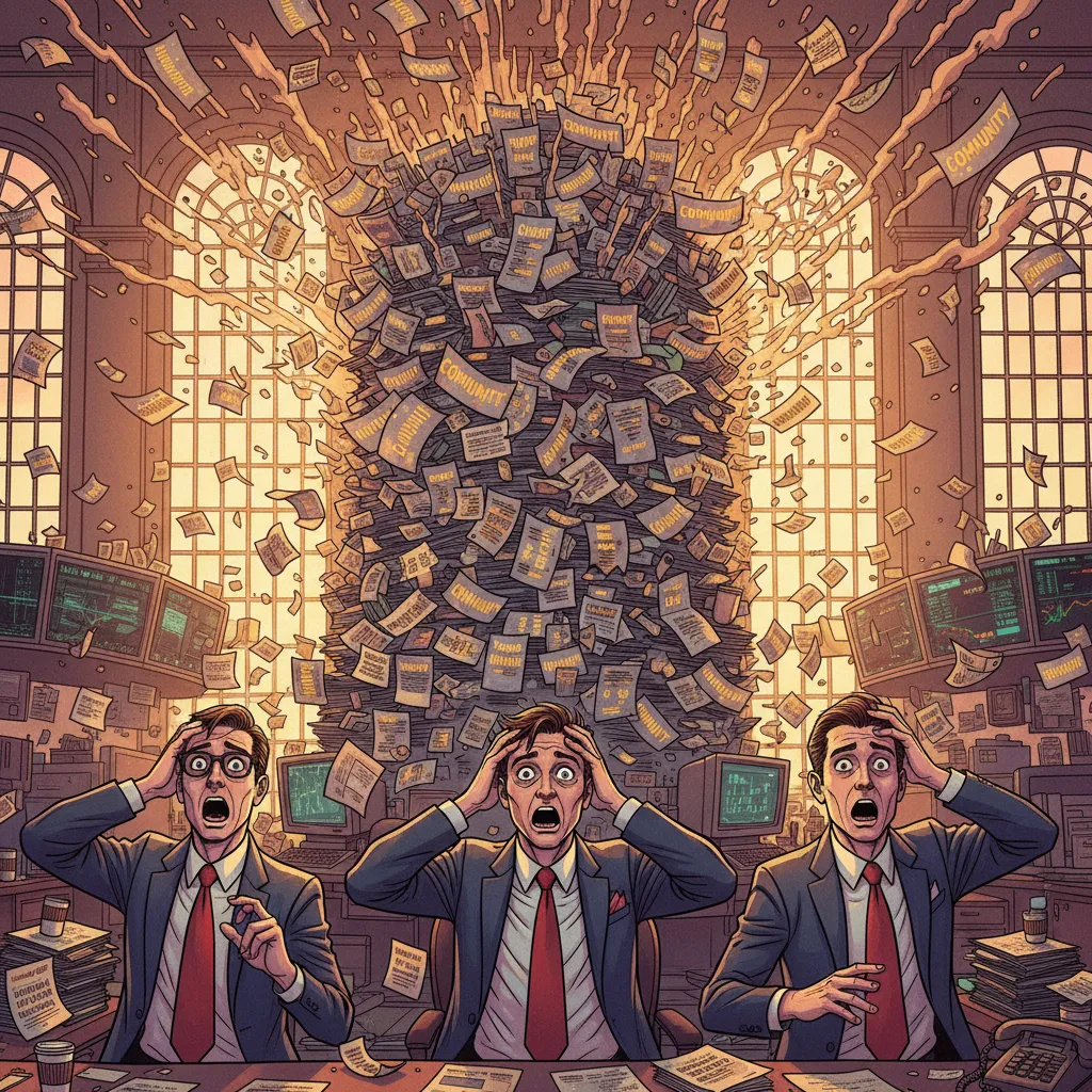 A dramatic document falling from the sky toward Wall Street with red warning signs