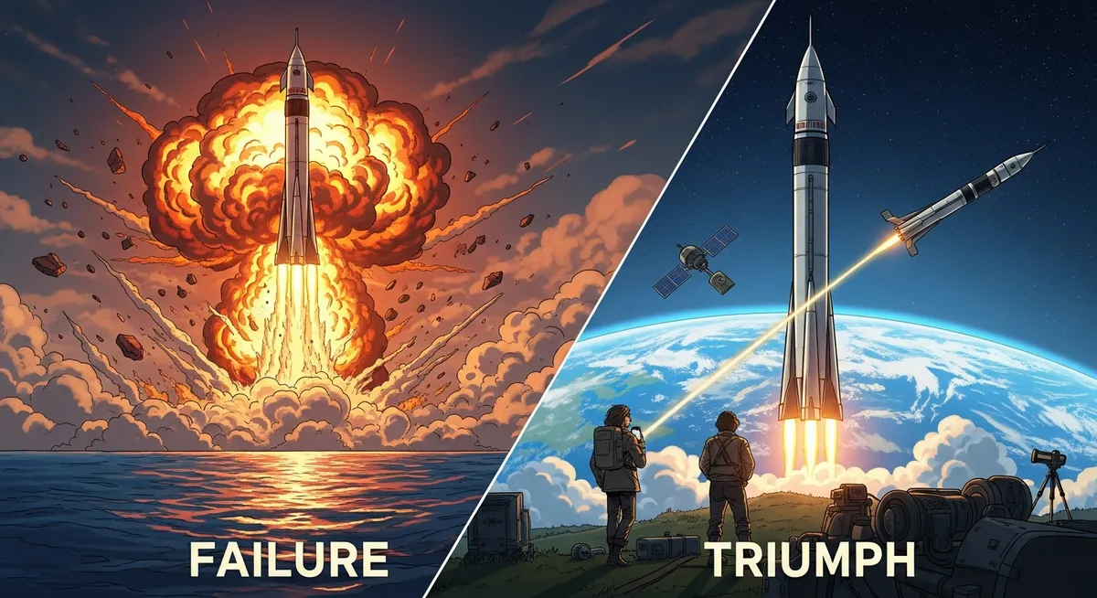 Split composition: rocket exploding on the left, rocket soaring into orbit on the right — failure and triumph