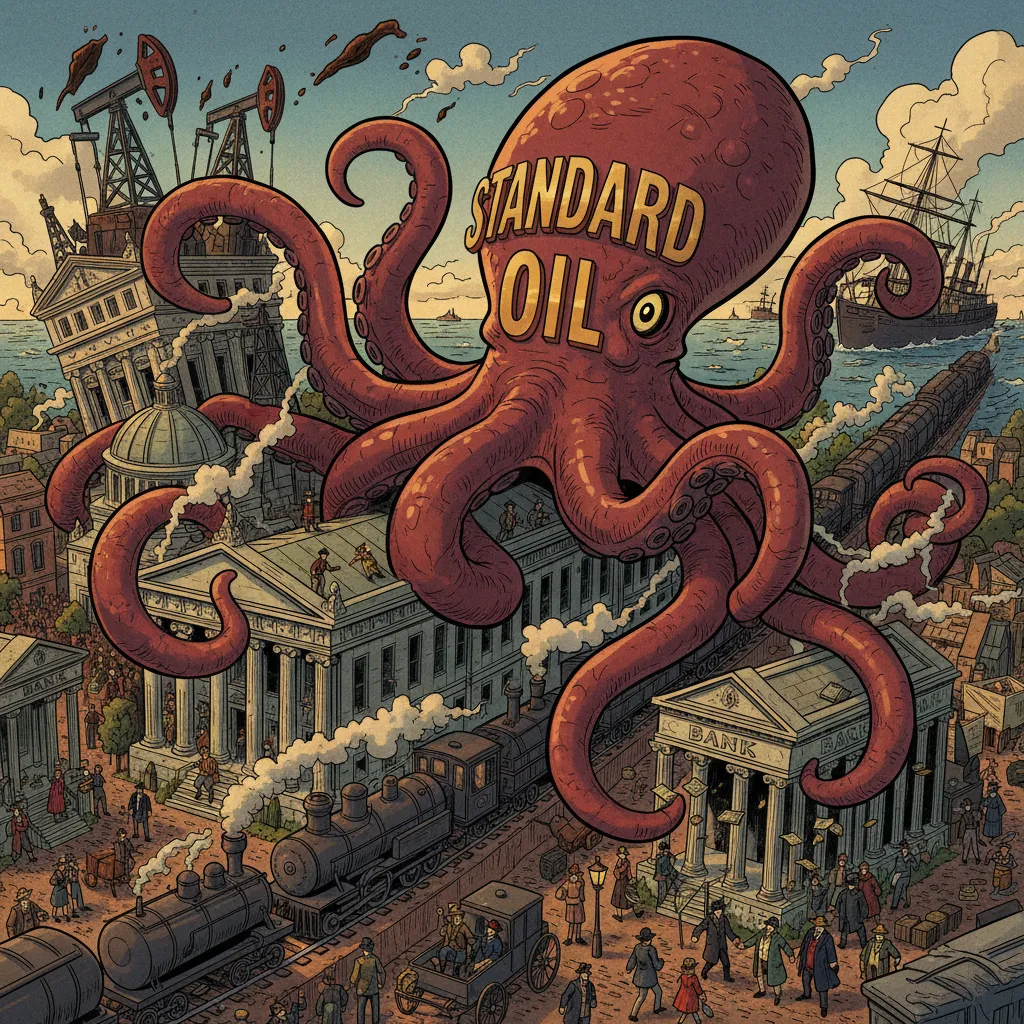 A vast industrial network of refineries, pipelines, and rail lines spreading across a map of America