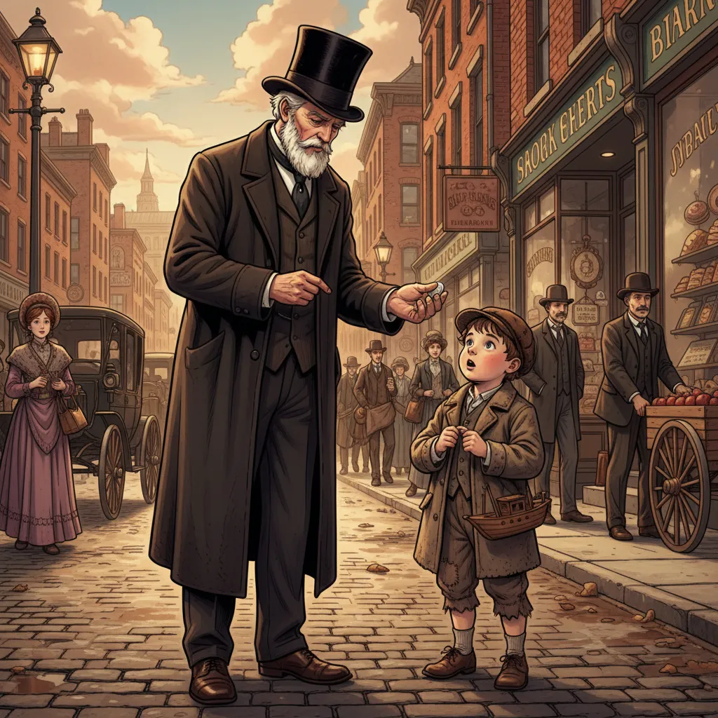 Rockefeller handing a shiny dime to a child — his famous lifelong habit