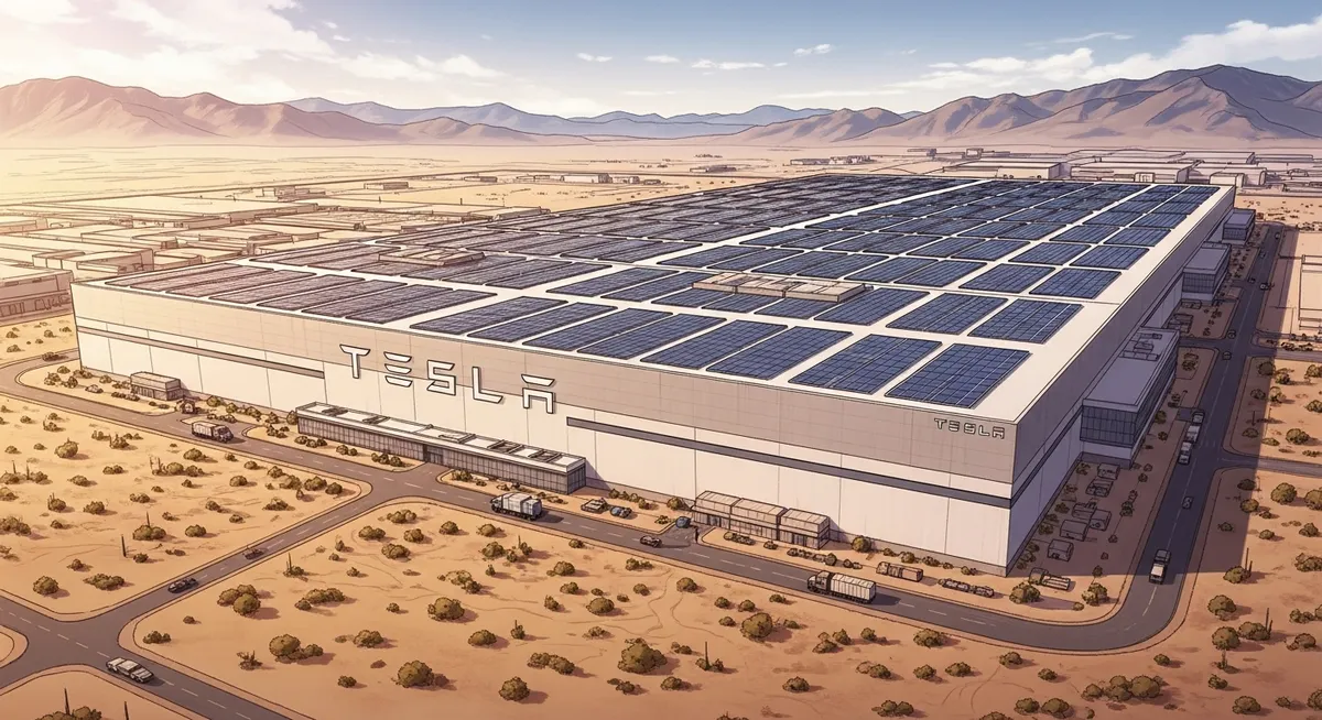 Aerial view of a massive Tesla Gigafactory in the desert with solar panels on the roof