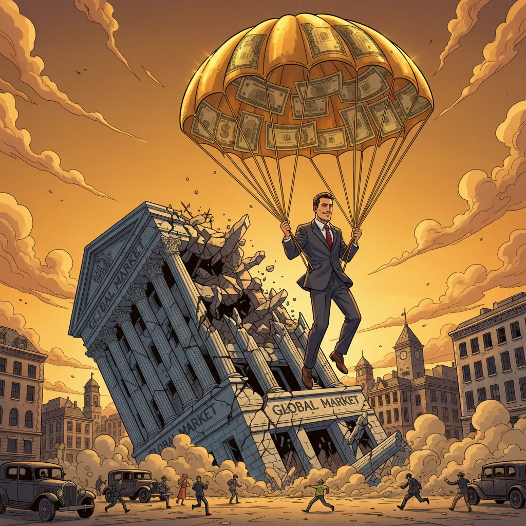 A golden parachute carrying a figure away from a crumbling office tower