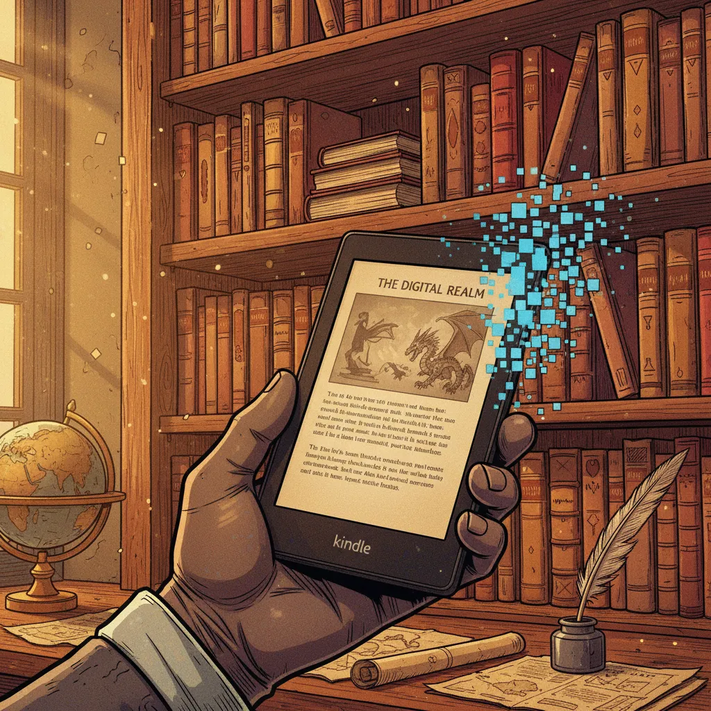 The original Amazon Kindle e-reader displaying a book page, with physical books stacked behind it