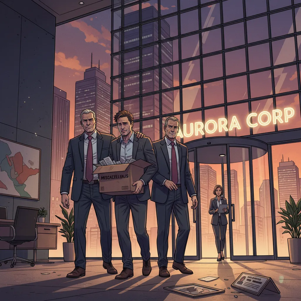 A CEO being escorted from a glass office building while employees watch from windows above