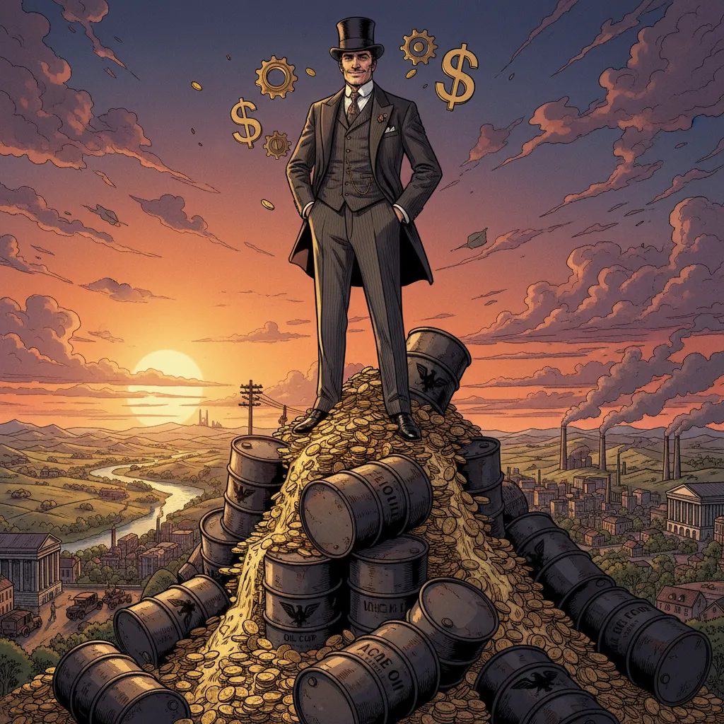 Rockefeller in his prime — a composed man in a high-collared suit surrounded by symbols of vast wealth