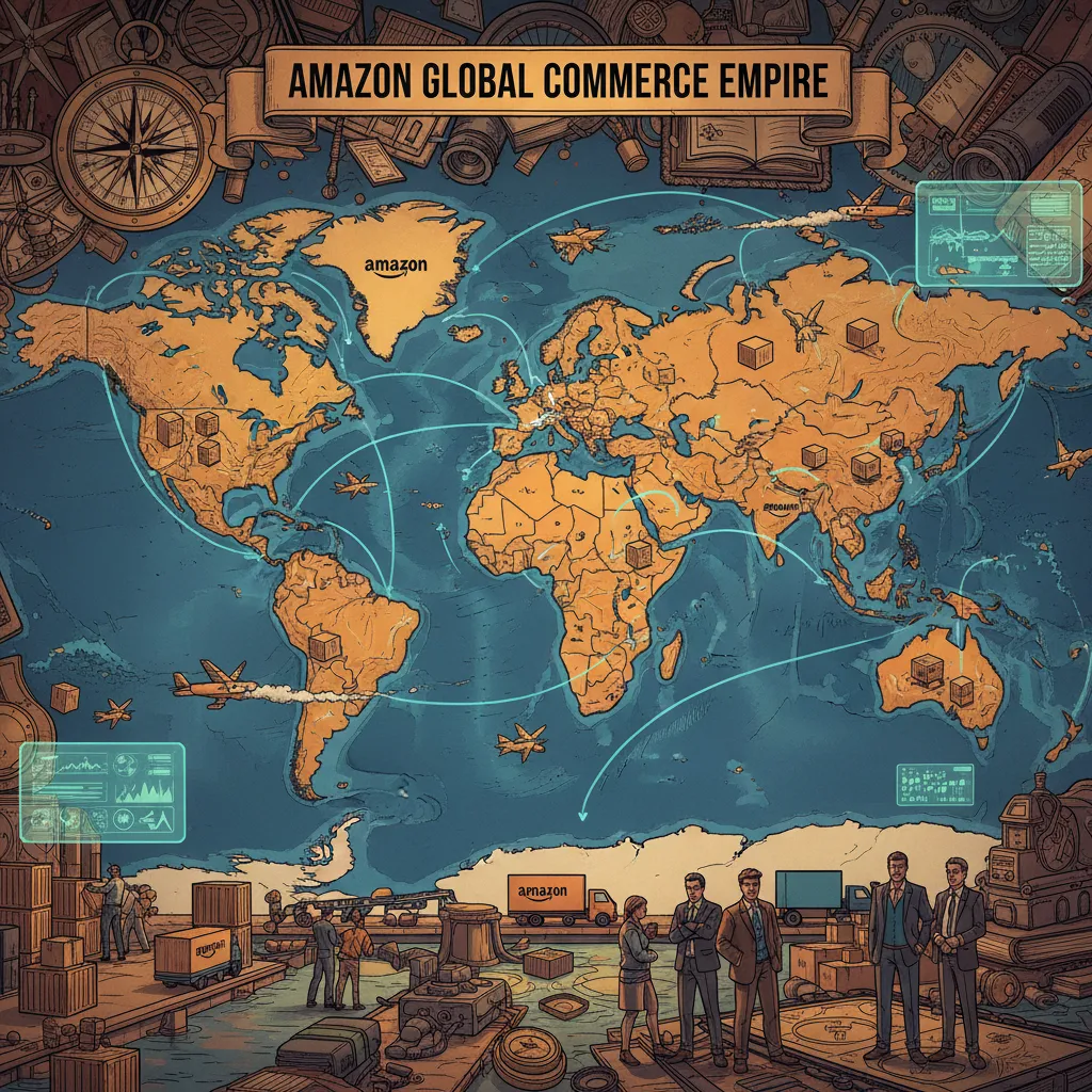 A global map with glowing Amazon fulfillment center locations spanning every continent