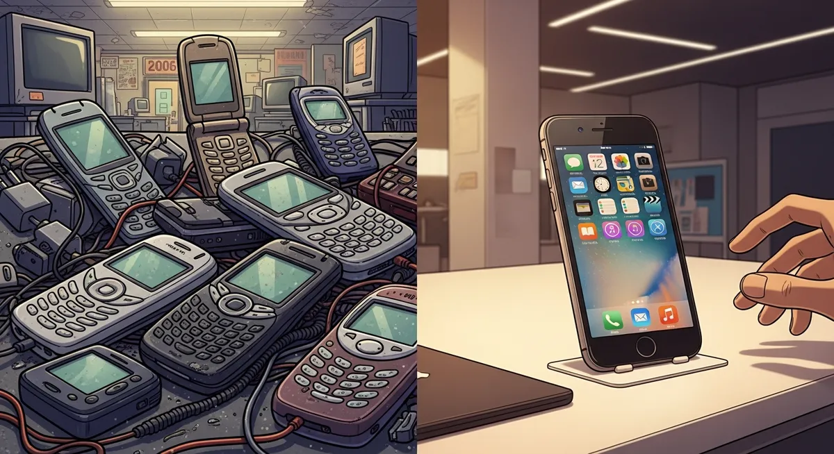 A split image showing old flip phones and BlackBerrys on one side, iPhones on the other