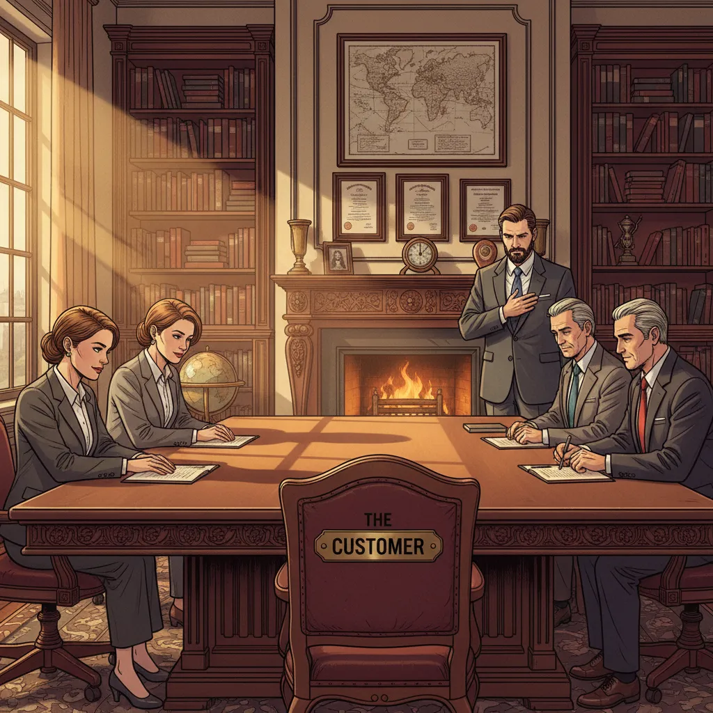 An empty chair at the head of a conference table — representing the customer in every Amazon meeting