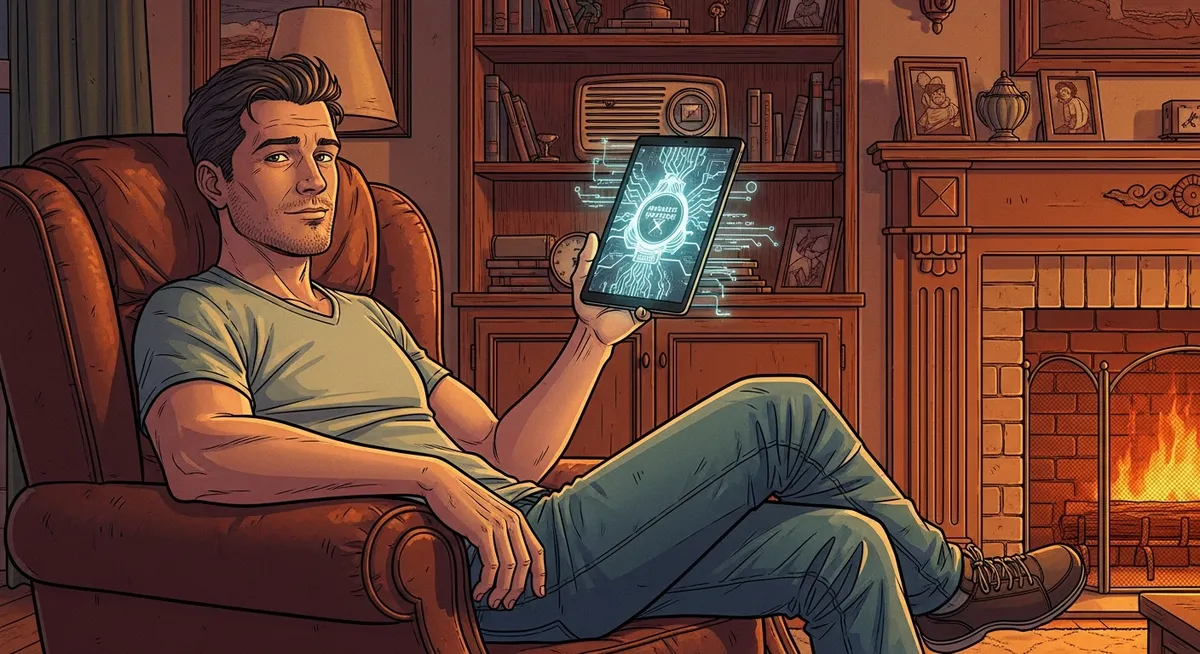 Steve Jobs sitting in a leather chair holding the first iPad like a magazine