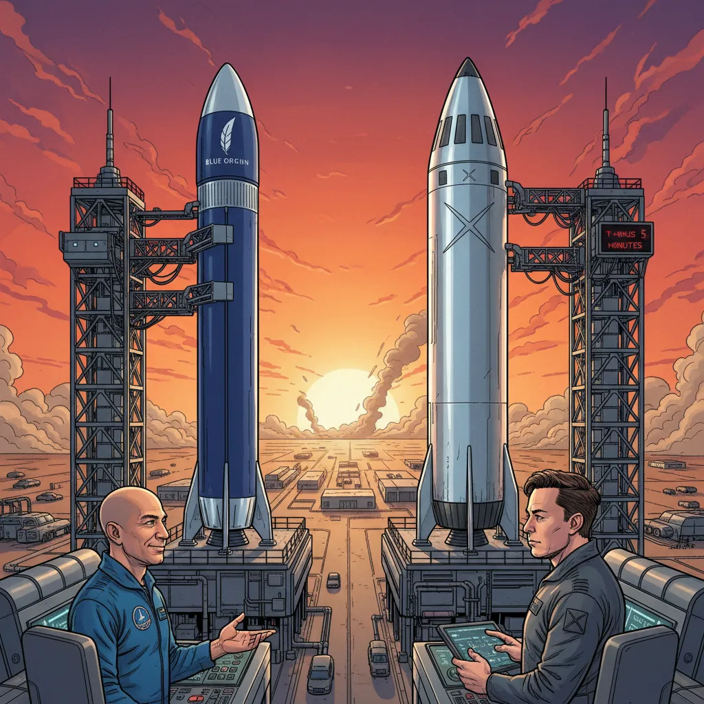 Side-by-side rockets — New Glenn and Falcon Heavy — representing the Bezos-Musk space rivalry
