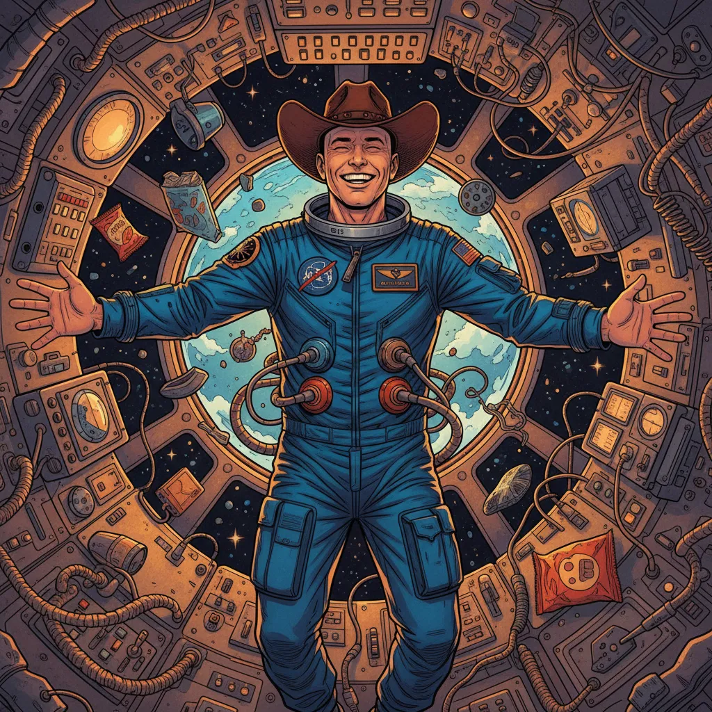 Bezos floating in zero gravity inside New Shepard, wearing a cowboy hat and grinning