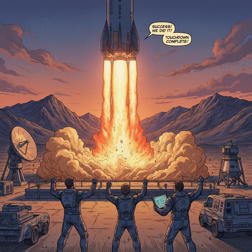 A New Shepard rocket landing vertically on a desert pad with Blue Origin's feather logo